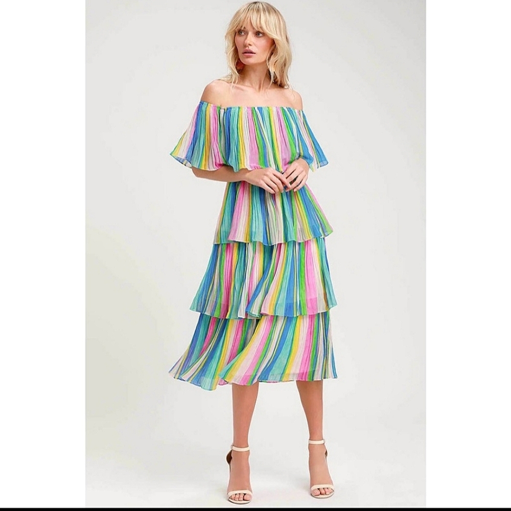 Lulu's Gala Ready Multi Stripe Print Off-the-shoulder Ruffle Tiered Midi Dress S